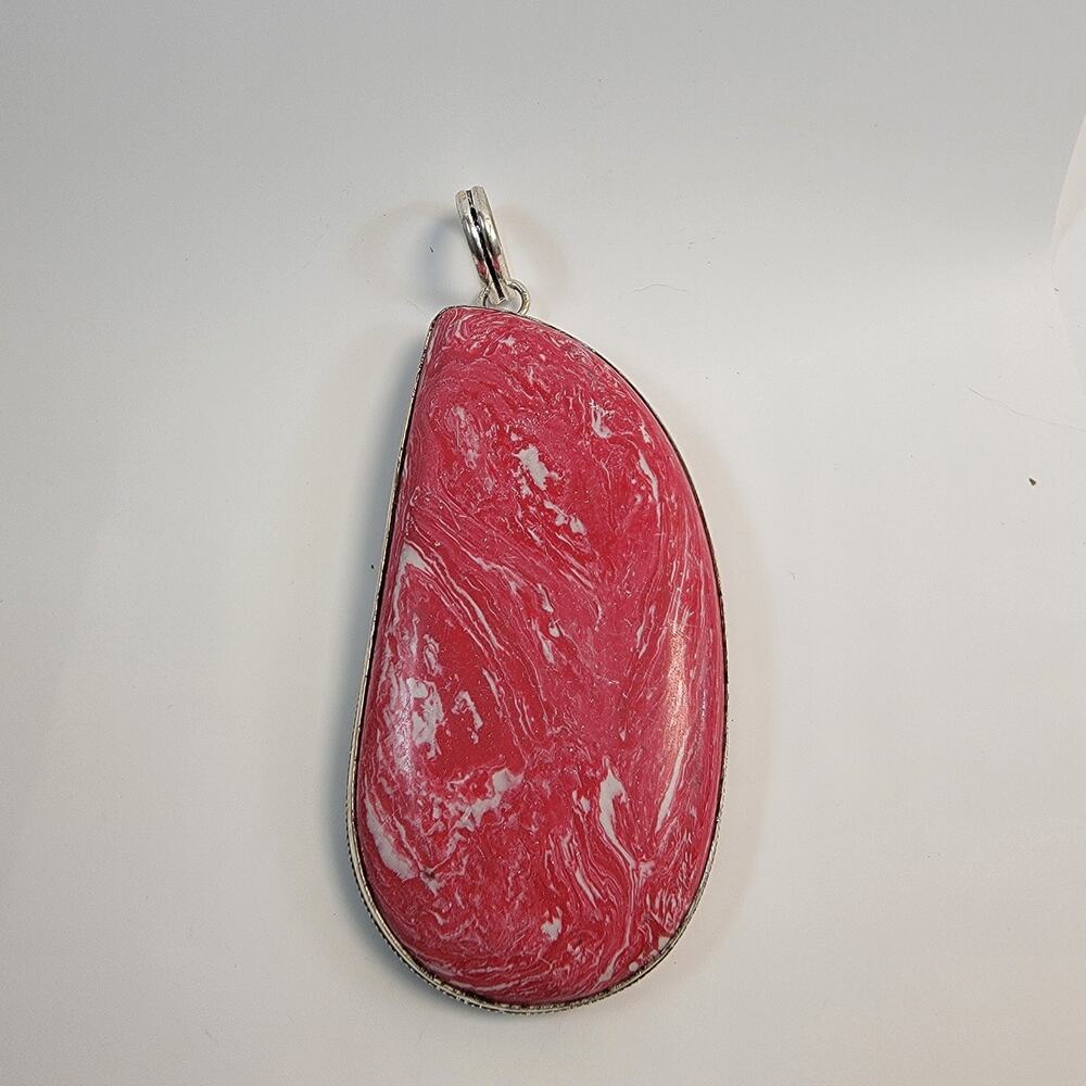 Handmade Red and White Marble Pendant in Sterling Silver Unique Statement Piece